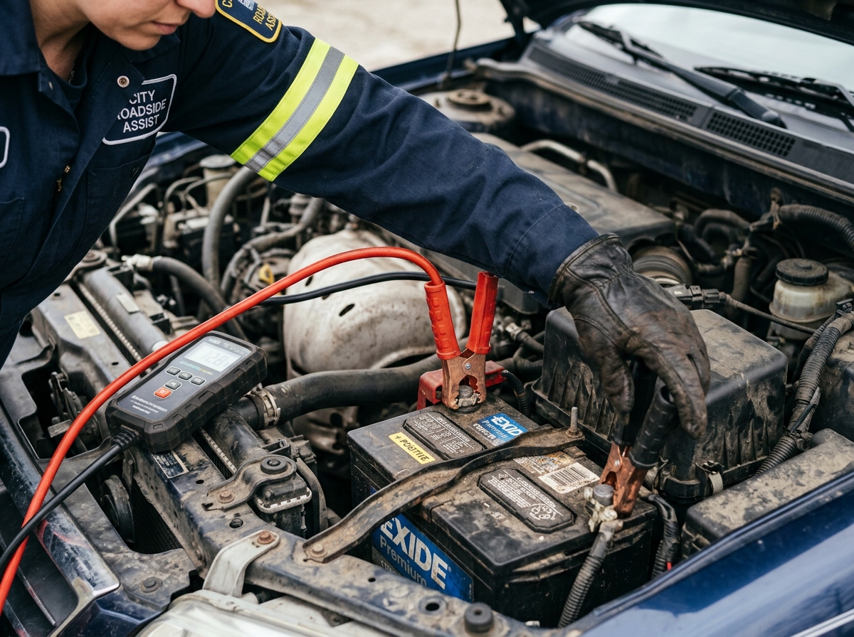 Roadside mechanic connecting heavy duty battery booster cables in engine bay