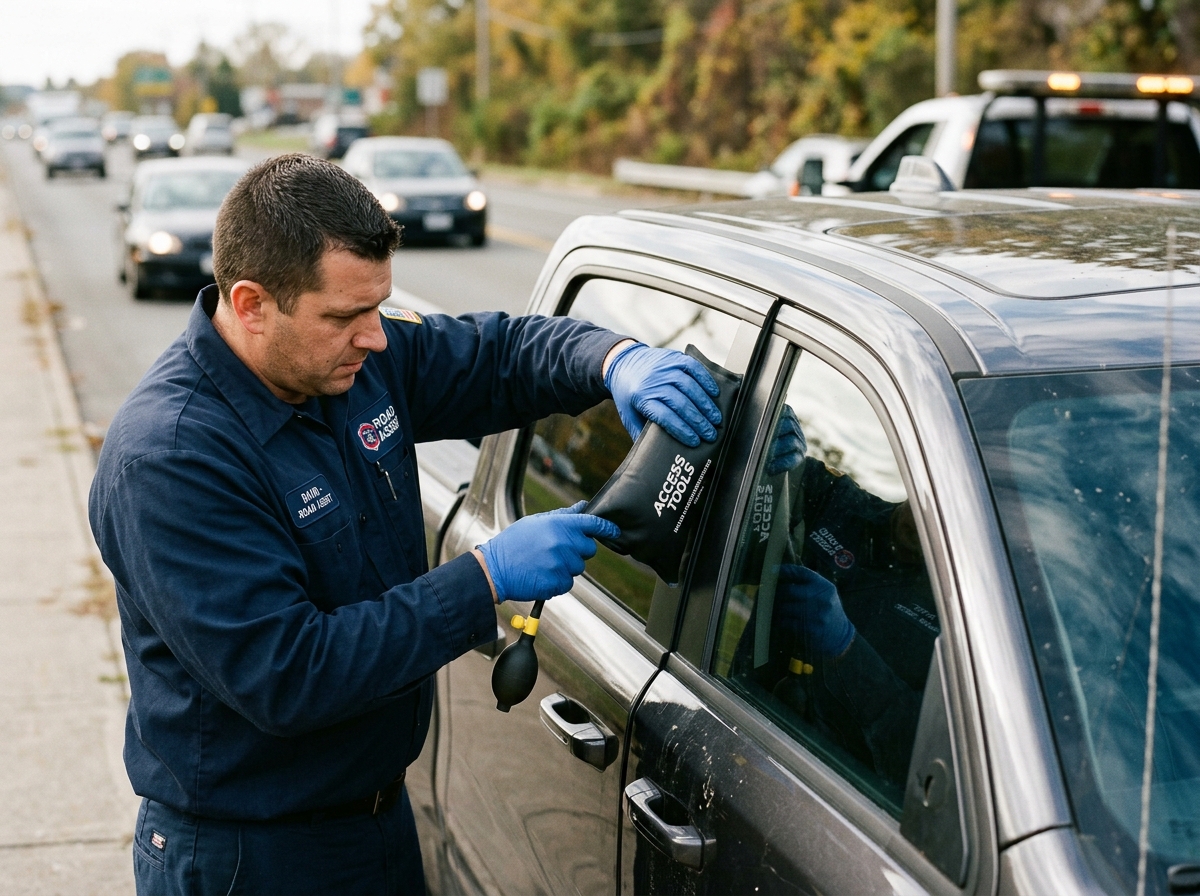 Technician using non-marking air wedge to safely unlock car door