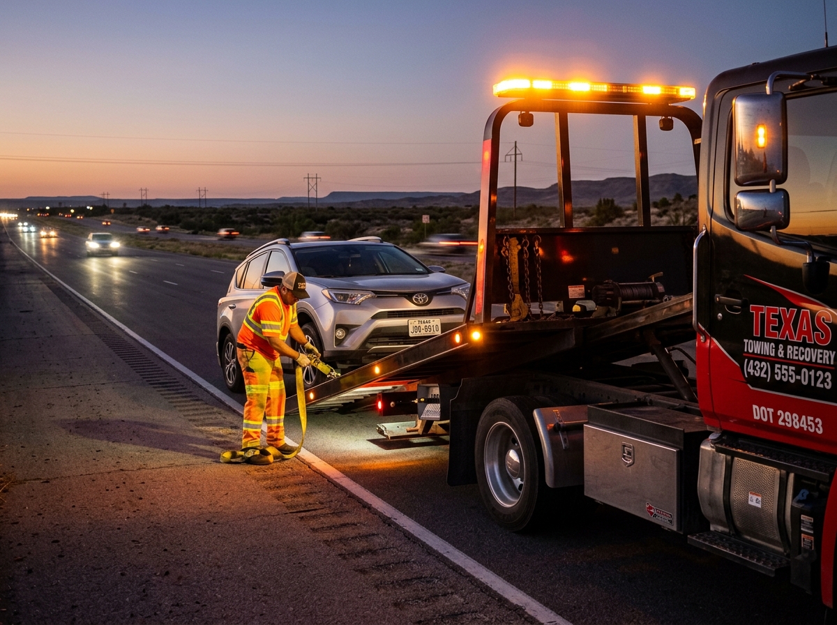 Commercial flatbed tow truck loading car on highway shoulder at dusk