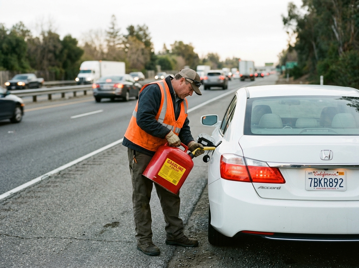 Roadside technician in safety vest delivering fuel from gas can to vehicle on highway