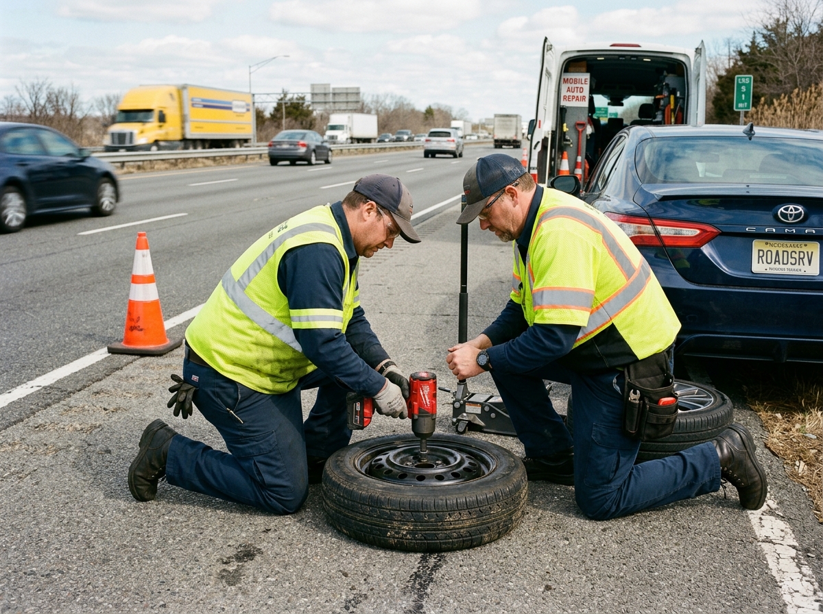 Roadside technicians changing flat tire with cordless impact wrench on highway shoulder