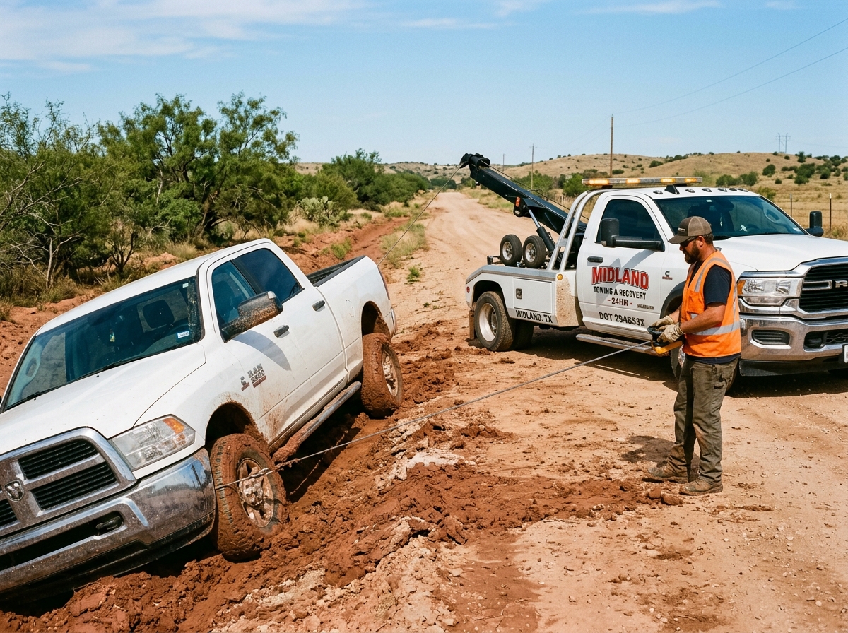 Commercial recovery tow truck winching pickup truck out of West Texas red dirt ditch